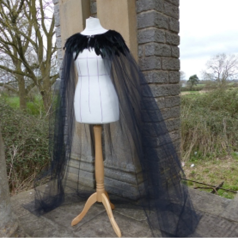 Black Feather Tulle Cape - 71 inches - Picture 3 of 6